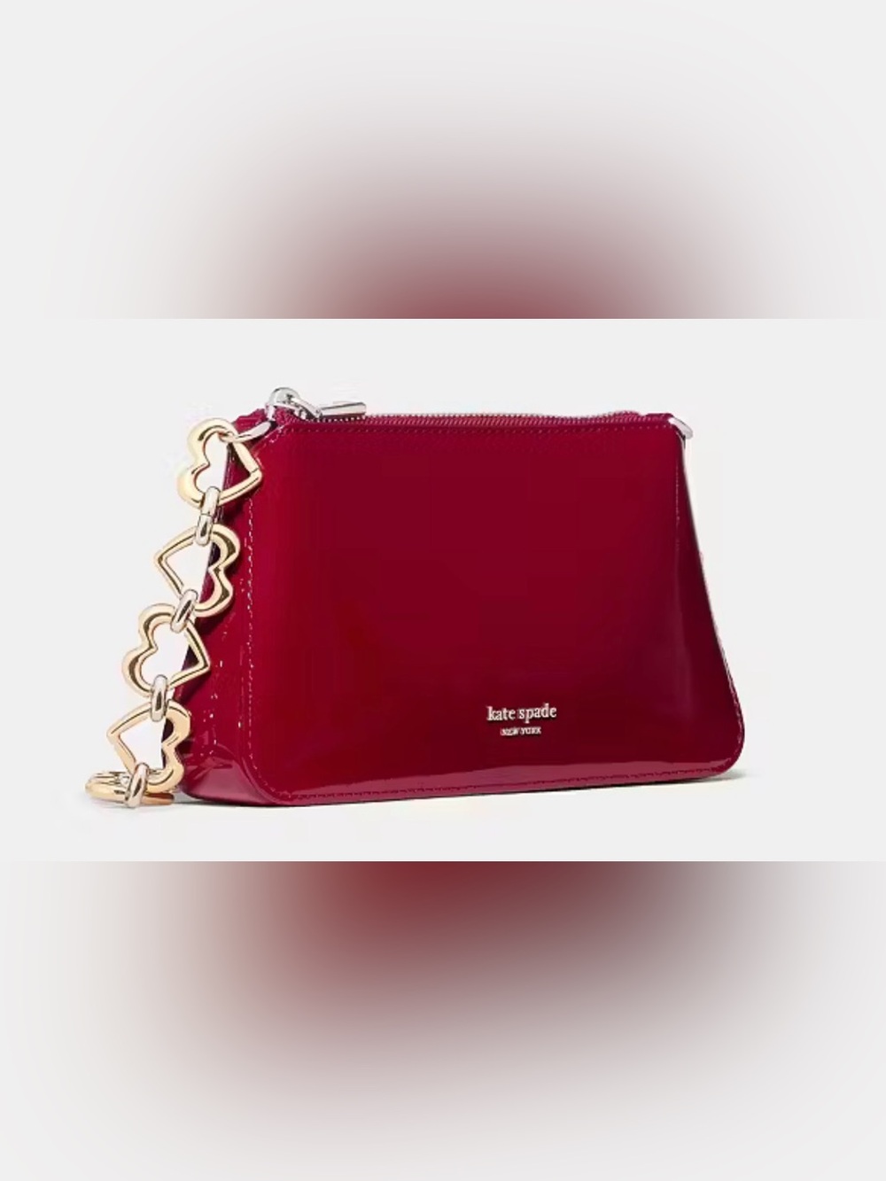NWT Kate Spade Grace Patent Pochette Dark Scarlet Red Heart Chain Bag